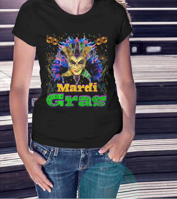 Mardi Gras New Orleans Mask Bead Colorful Jester Carnival T-Shirt