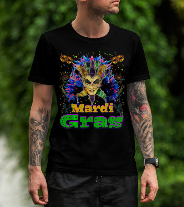 Mardi Gras New Orleans Mask Bead Colorful Jester Carnival T-Shirt