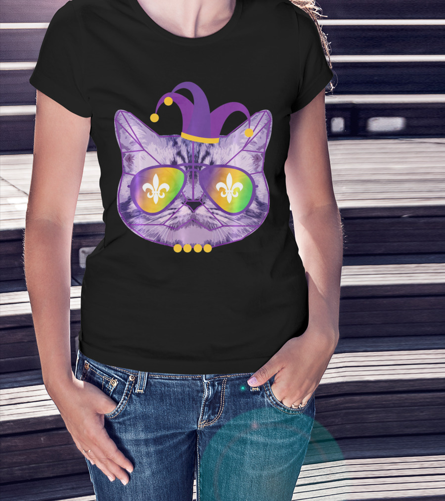 Funny Cat Jester Mask Sunglasses Cat Lover Fleur-de-lis T-Shirt