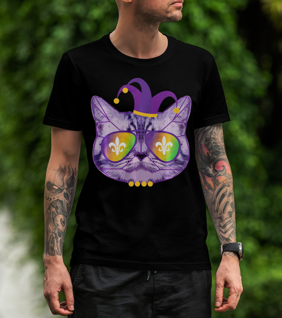Funny Cat Jester Mask Sunglasses Cat Lover Fleur-de-lis T-Shirt