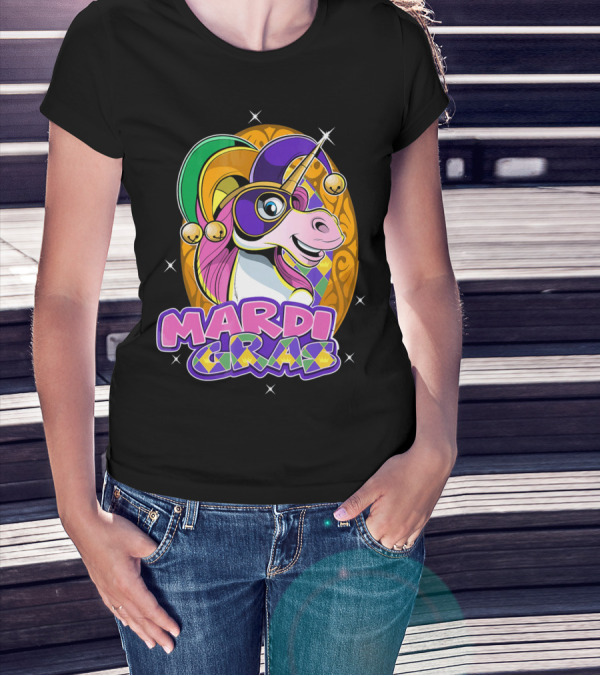 Mardi Gras Unicorn With Jester Hat And Masquerade Mask T-Shirt