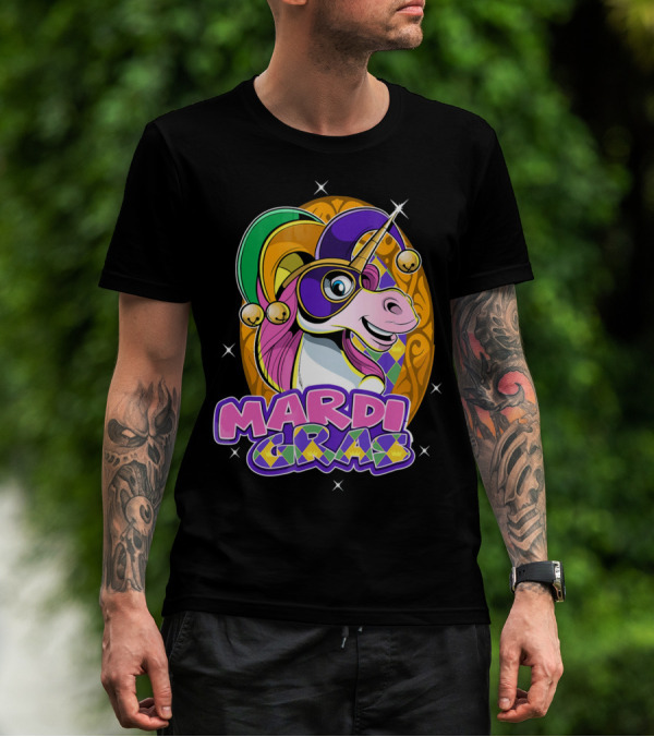 Mardi Gras Unicorn With Jester Hat And Masquerade Mask T-Shirt