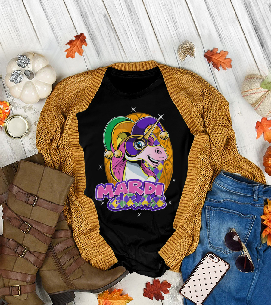 Mardi Gras Unicorn with Jester Hat and Masquerade Mask T-Shirt