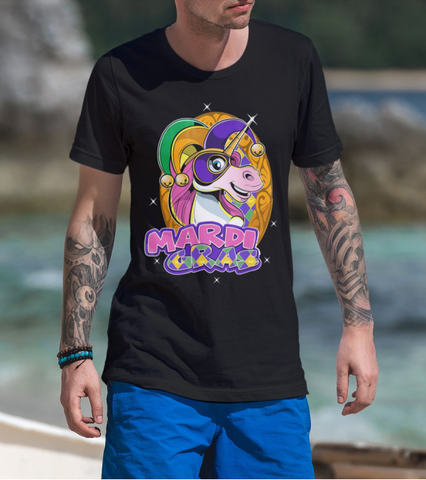 Mardi Gras Unicorn With Jester Hat And Masquerade Mask T-Shirt