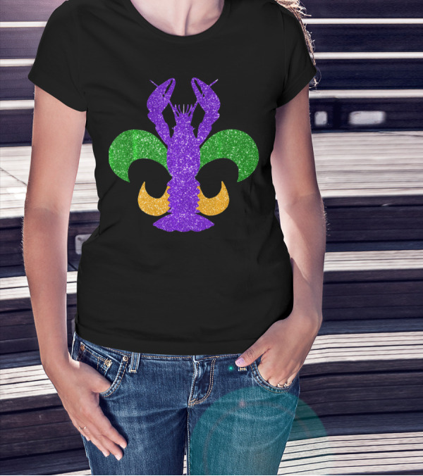 Awesome Mardi Gras Fleur De Lis Crawfish Glitter T-Shirt