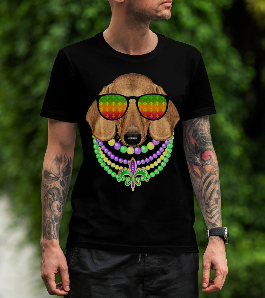 Mardi Gras Dachshund Beads Fleur-de-Lis Sunglasses T-Shirt