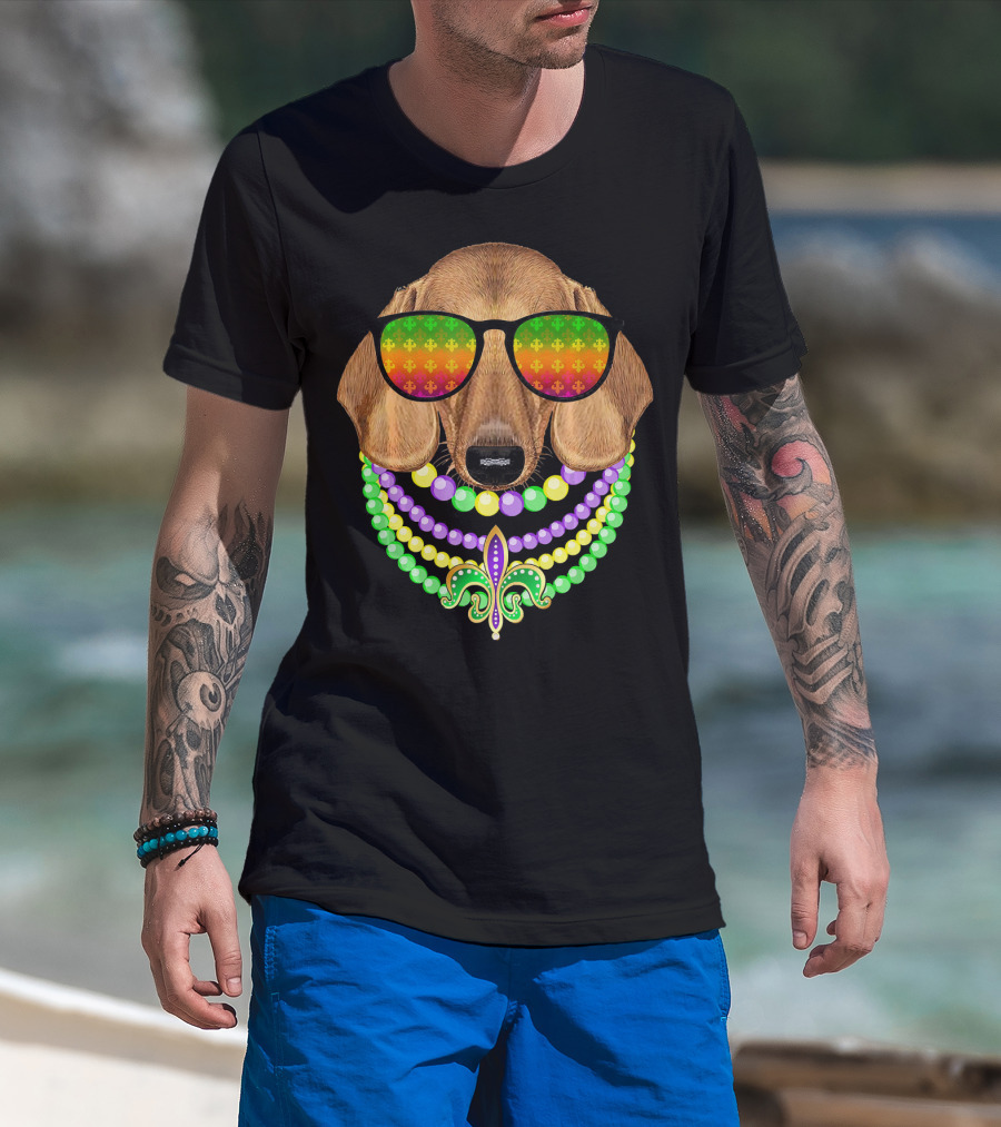 Mardi Gras Dachshund Beads Fleur-de-Lis Sunglasses T-Shirt