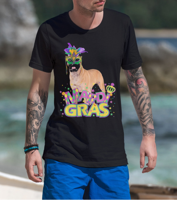 Mardi Gras Bullmastiff Mask Feathers Stars T-Shirt