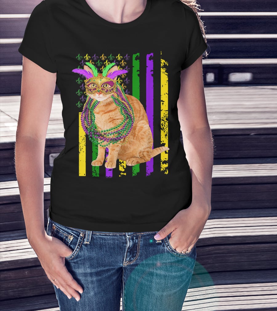Mardi Gras Cat With Beads And Mask On Fleur-de-Lis American Flag Background T-Shirt