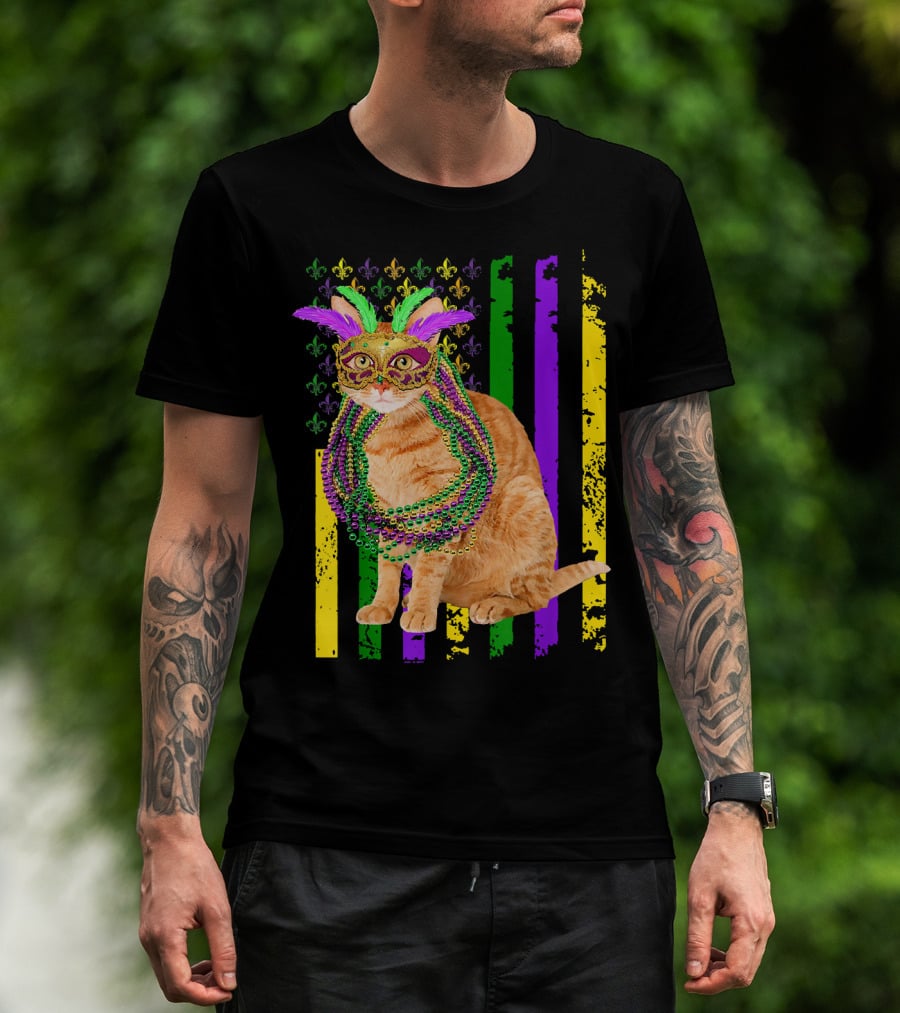 Mardi Gras Cat With Beads And Mask On Fleur-de-Lis American Flag Background T-Shirt