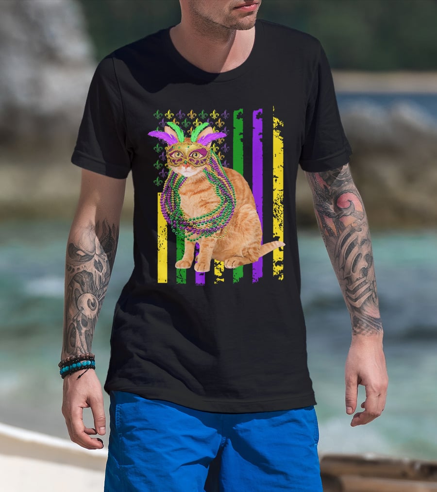 Mardi Gras Cat With Beads And Mask On Fleur-de-Lis American Flag Background T-Shirt