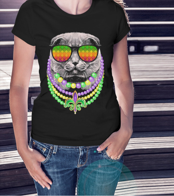 Mardi Gras Cat In Sunglasses With Beads And Fleur-de-Lis T-Shirt