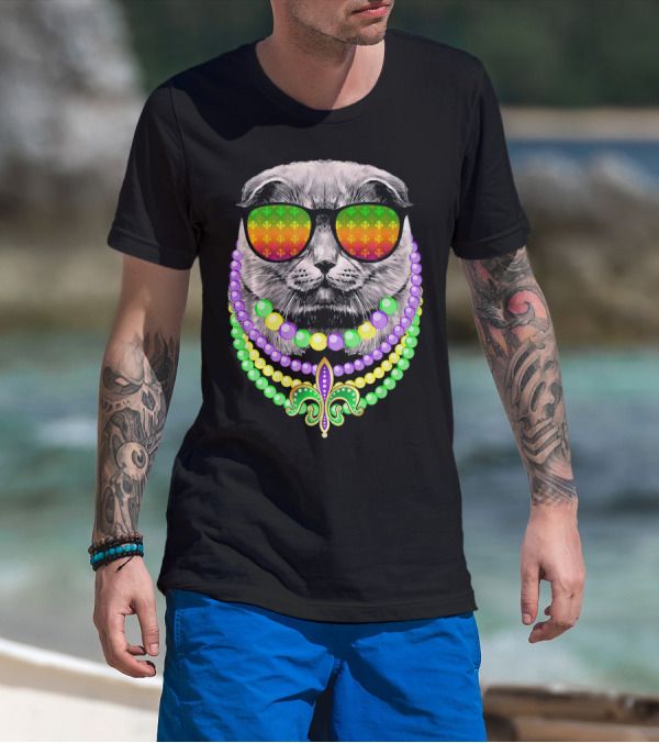 Mardi Gras Cat In Sunglasses With Beads And Fleur-de-Lis T-Shirt