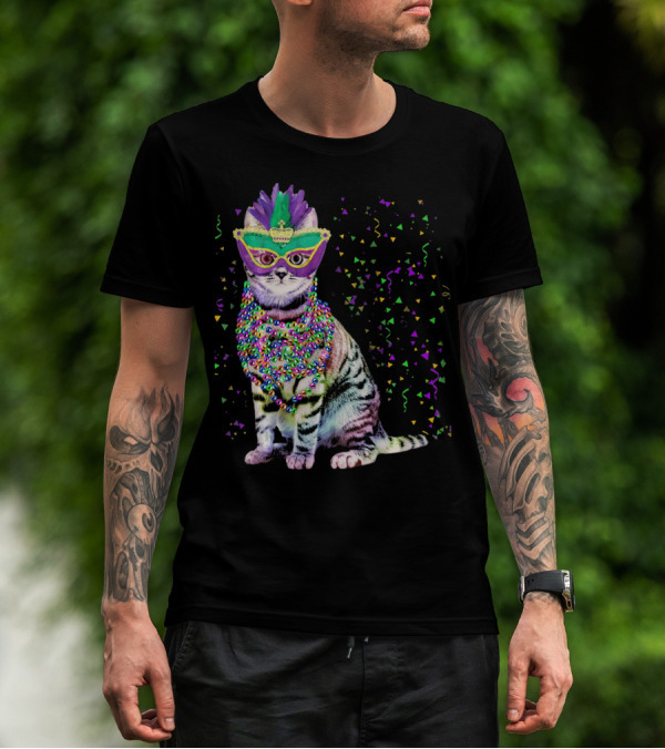 Cat Mardi Gras Beads Confetti Mask T-Shirt