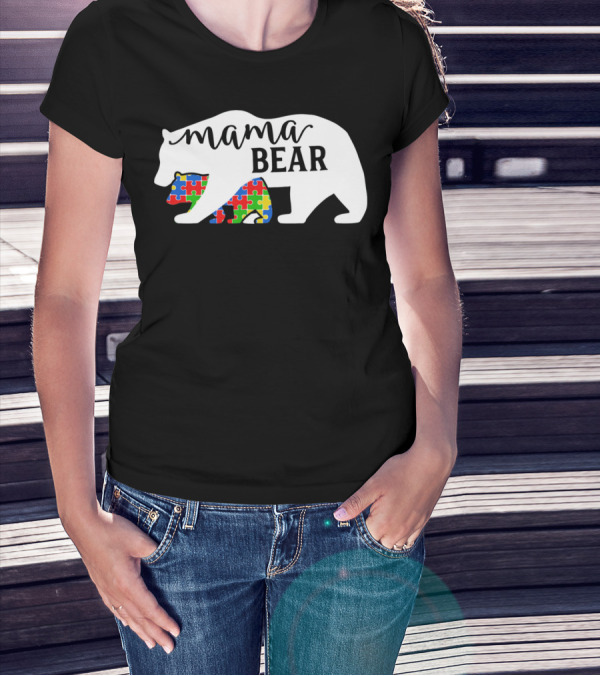 Mama Bear Autism Awareness Month Puzzle Silhouette Fam T-Shirt