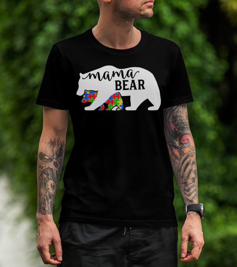 Mama Bear Autism Awareness Month Puzzle Silhouette Fam T-Shirt