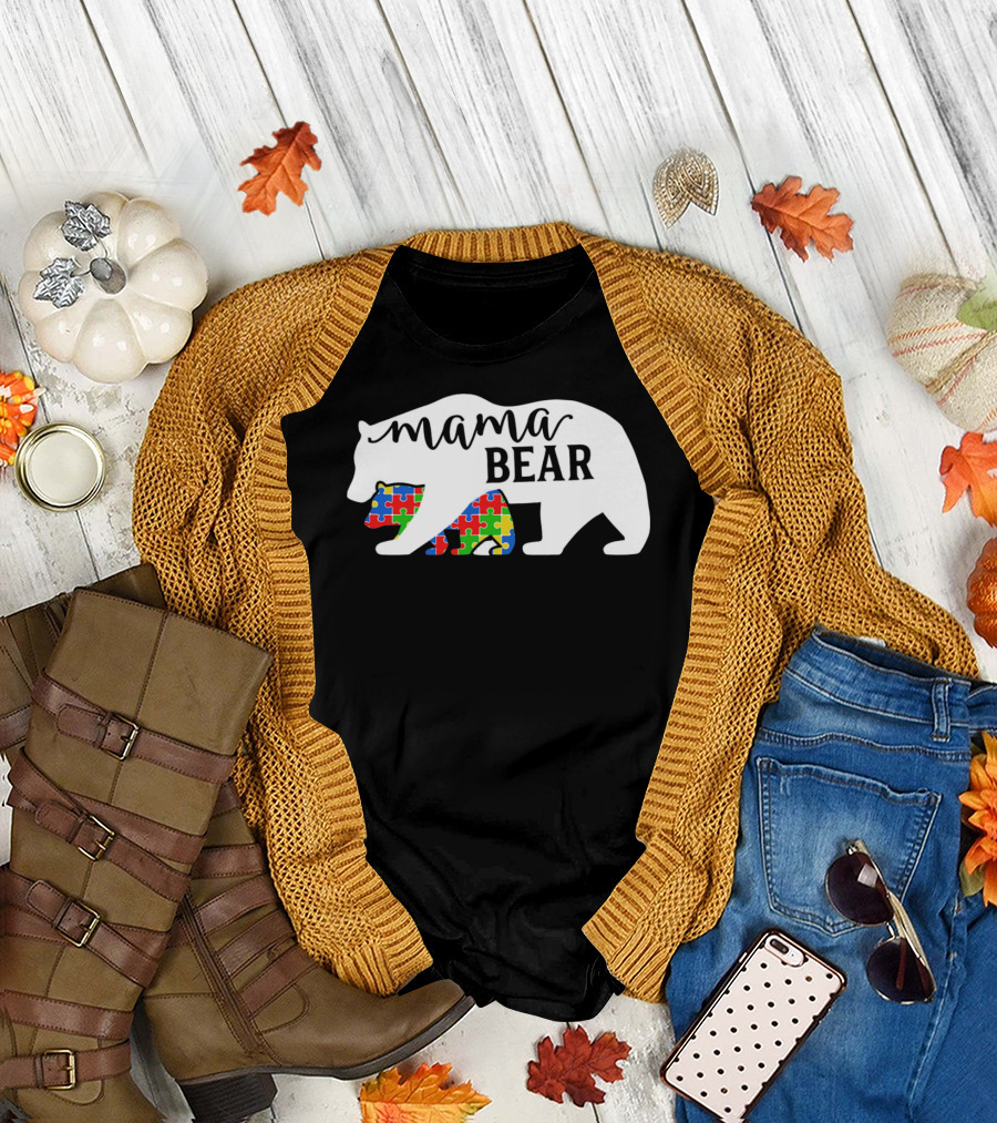 Mama Bear Autism Awareness Month Puzzle Silhouette Fam T-Shirt
