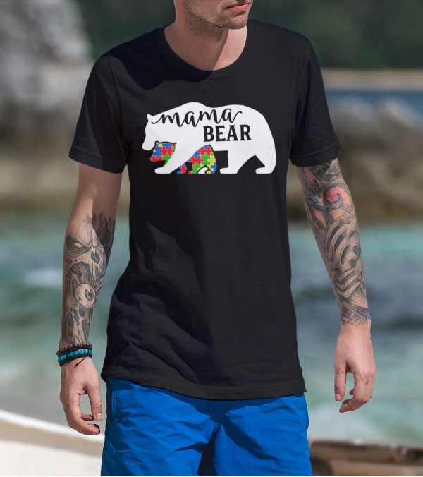 Mama Bear Autism Awareness Month Puzzle Silhouette Fam T-Shirt