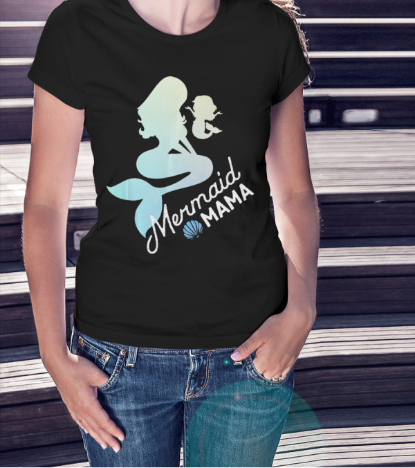 Mermaid Mama Sea Lover With Baby Silhouette And Shell T-Shirt