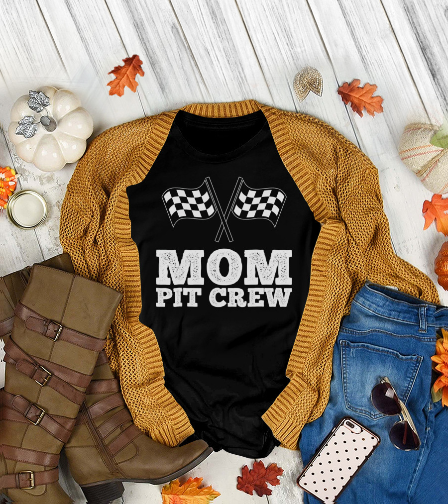 Mom Pit Crew Racing Checkered Flags Birthday T-Shirt