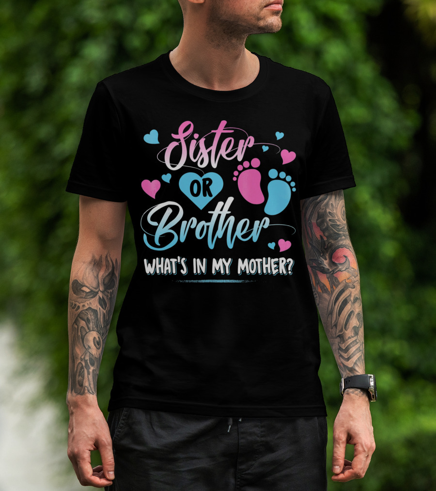 Sister Or Brother What's In My Mother Heart And Footprints Pink Blue Hearts T-Shirt
