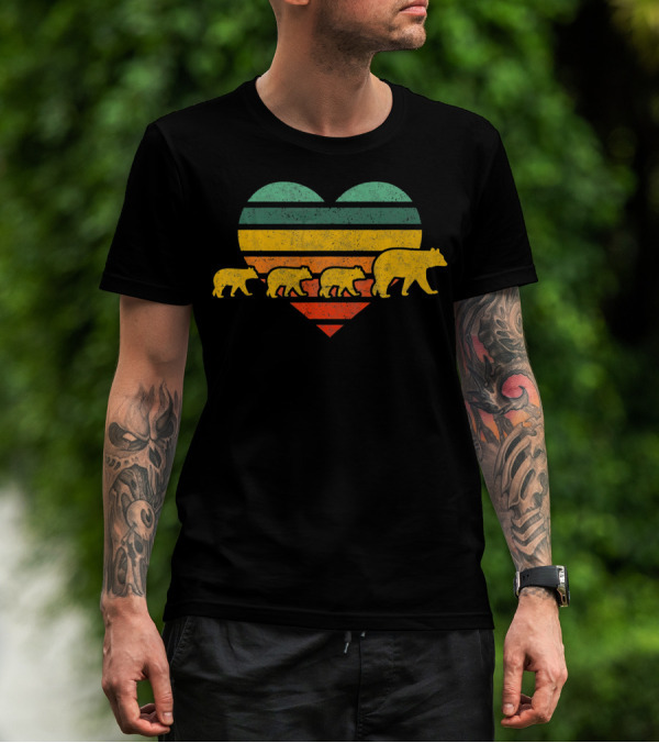 Mama Bear Three Cubs Striped Retro Heart Vintage Look T-Shirt