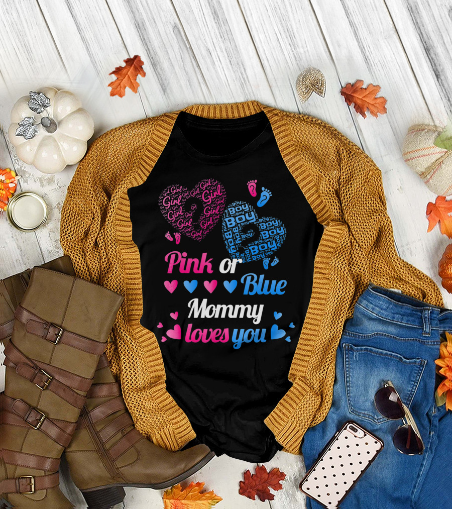 Pink or Blue Girl Boy Mommy Loves You Hearts and Footprints T-Shirt