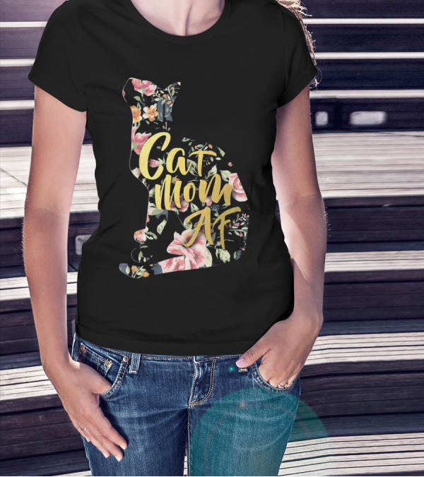Cat Mom AF Floral Pattern Cat Shape T-Shirt