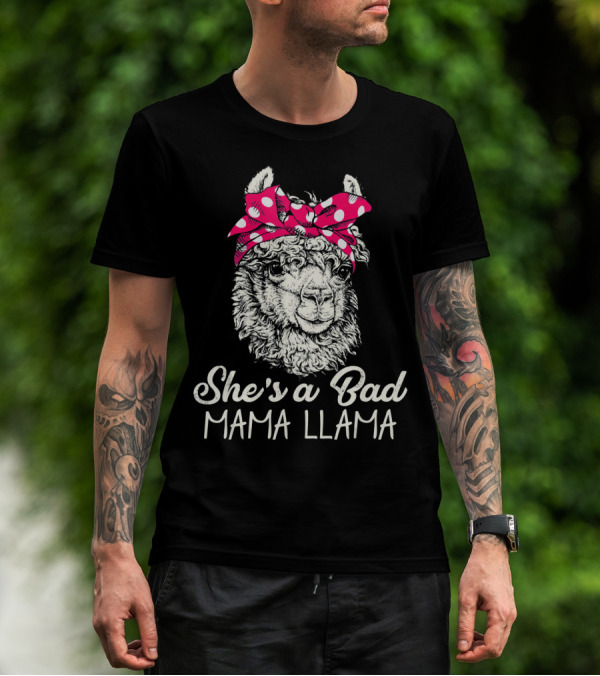 She's A Bad Mama Llama Retro Illustration With Red Polka Dot Headband T-Shirt