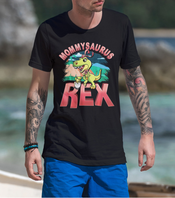 Mommysaurus Rex Dinosaur With Baby Egg In Prehistoric Landscape T-Shirt