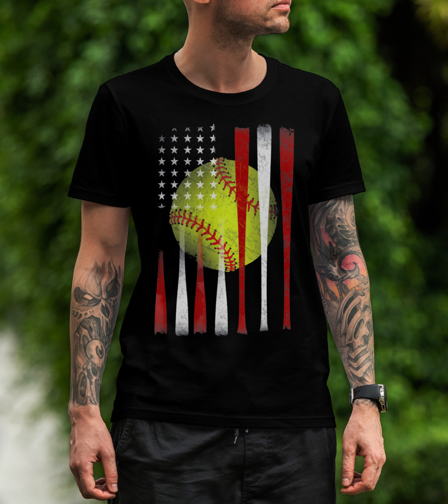 American Flag Vintage Softball Bats Stars Baseball T-Shirt