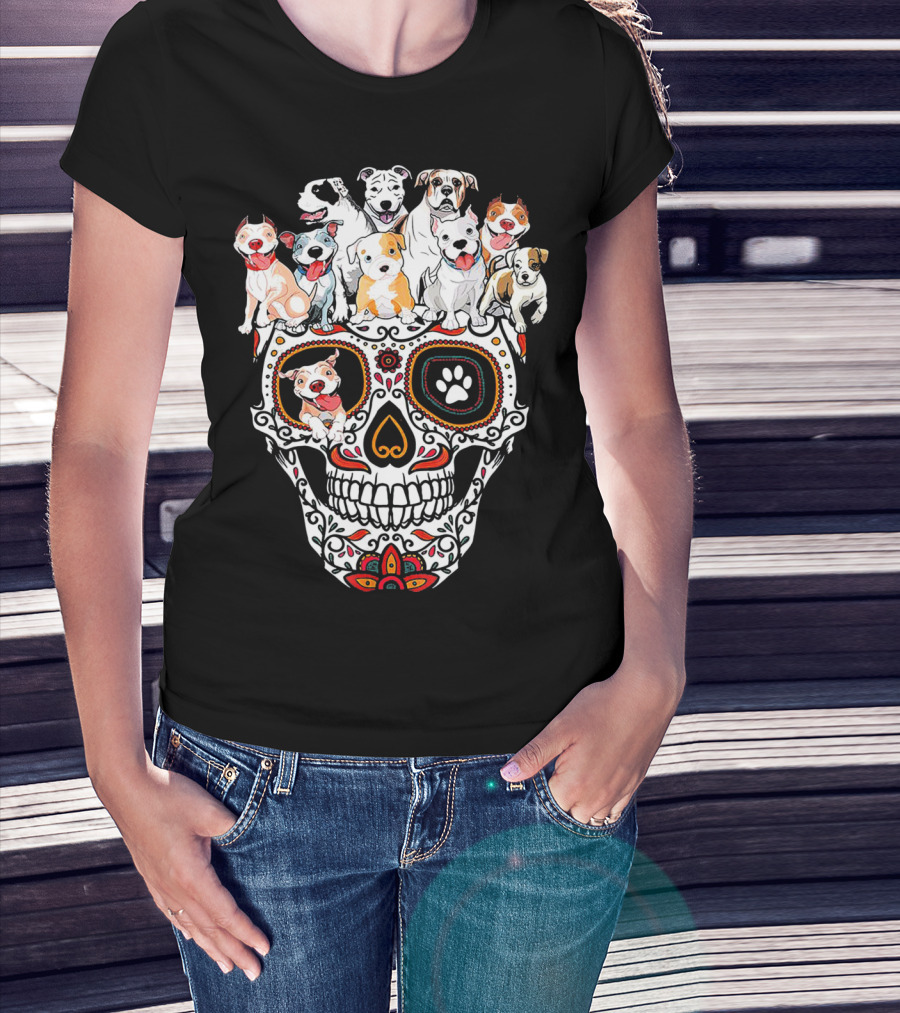Pitbull Mom Sugar Skull Funny Canine Compilation T-Shirt