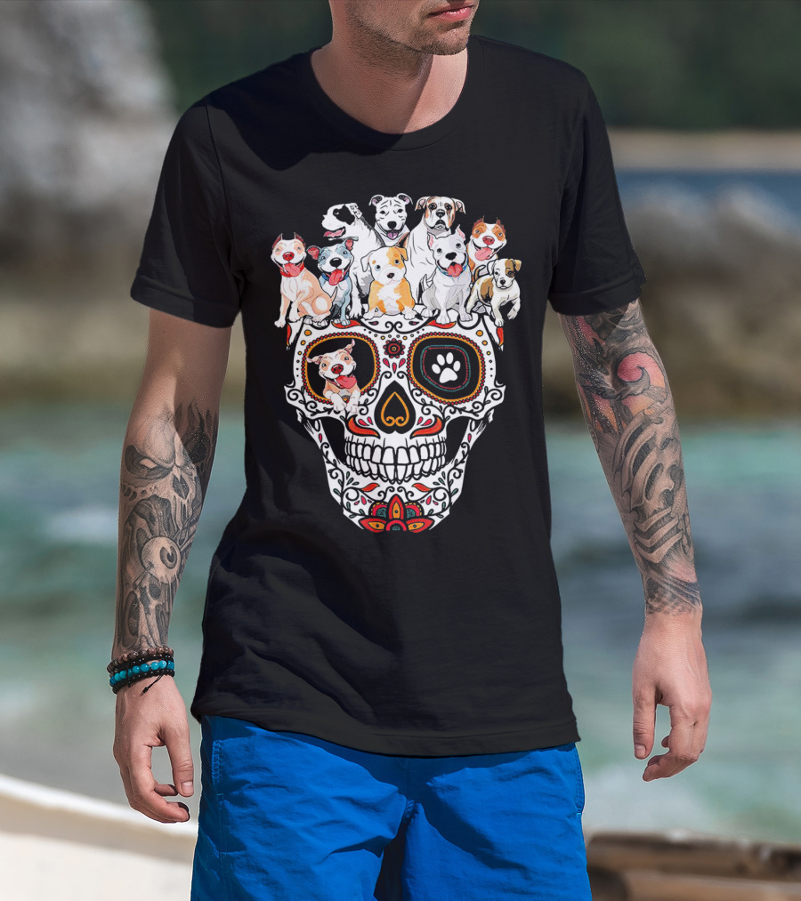 Pitbull Mom Sugar Skull Funny Canine Compilation T-Shirt