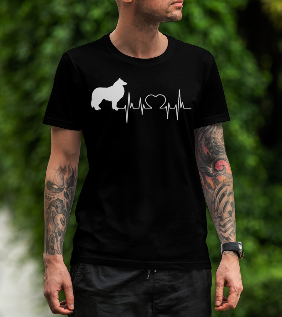 Rough Collie Dad Heartbeat With Heart Outline T-Shirt