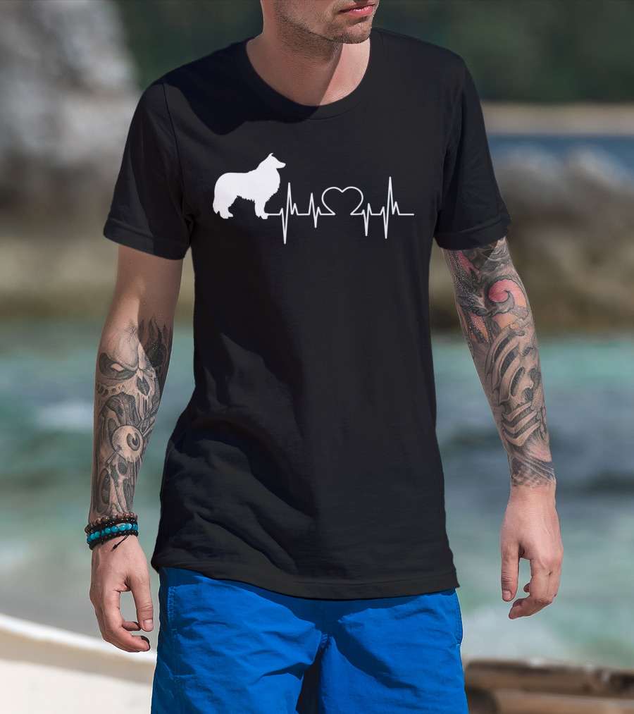 Rough Collie Dad Heartbeat With Heart Outline T-Shirt