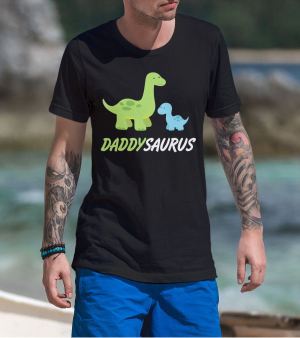 Daddysaurus Cute Sweet Daddy Family With Green Blue Dinosaurs T-Shirt