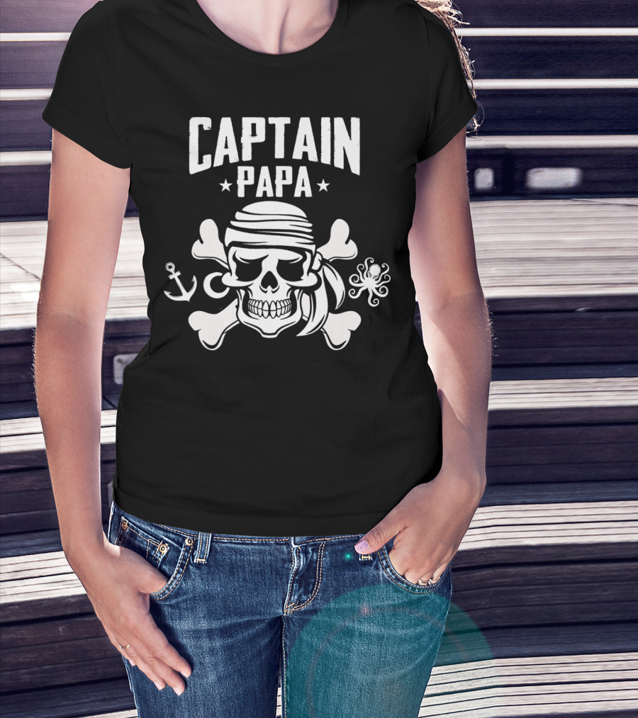Captain Papa Funny Pirate Dad Skull And Crossbones Anchor Octopus T-Shirt