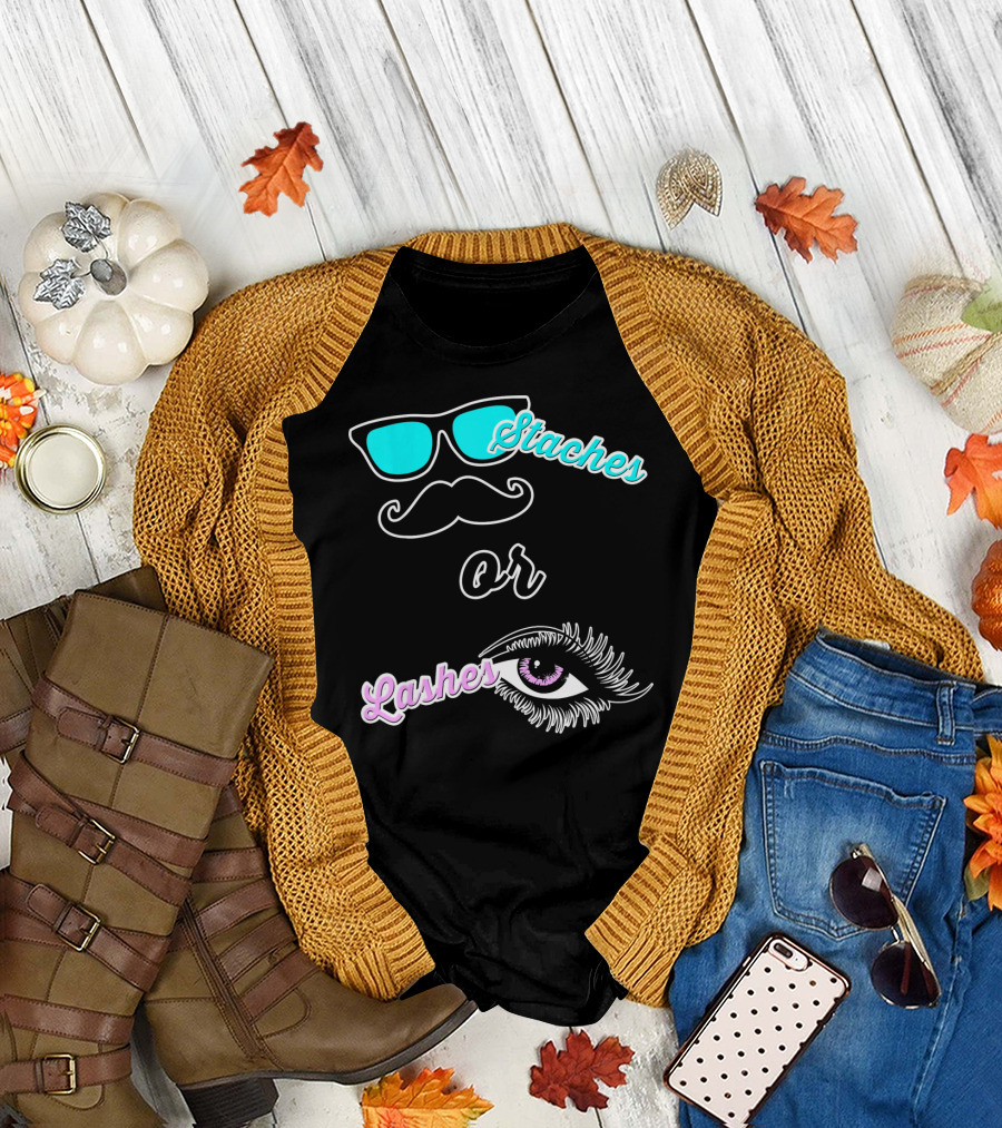 Staches or Lashes Gender Reveal Sunglasses Mustache Eyelash Eye T-Shirt
