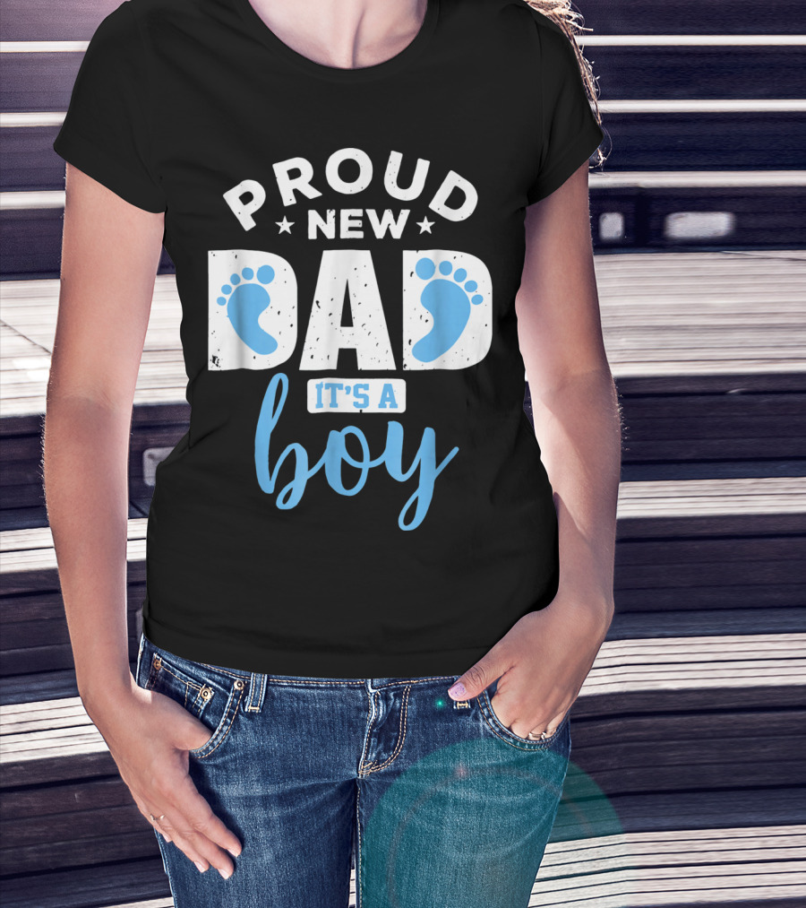 Proud New Dad It's A Boy Blue Footprints T-Shirt