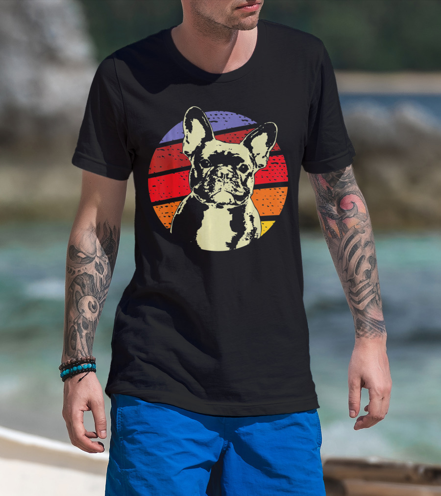Vintage French Bulldog Dad Retro Colorful Stripes T-Shirt