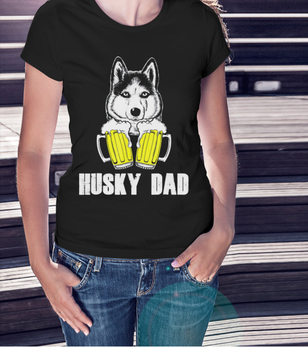 Husky Dad Funny Beer Day With Yellow Beer Mugs T-Shirt