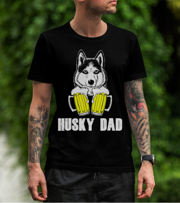 Husky Dad Funny Beer Day With Yellow Beer Mugs T-Shirt