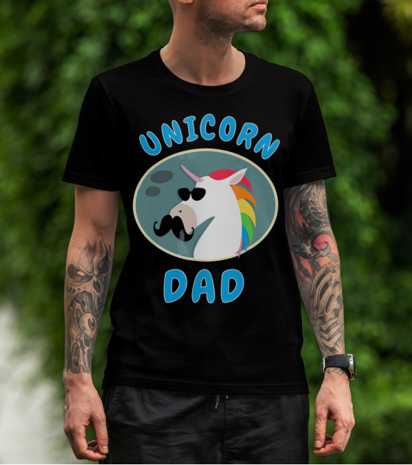 Unicorn Dad Funny Father Rainbow Mustache Sunglasses T-Shirt