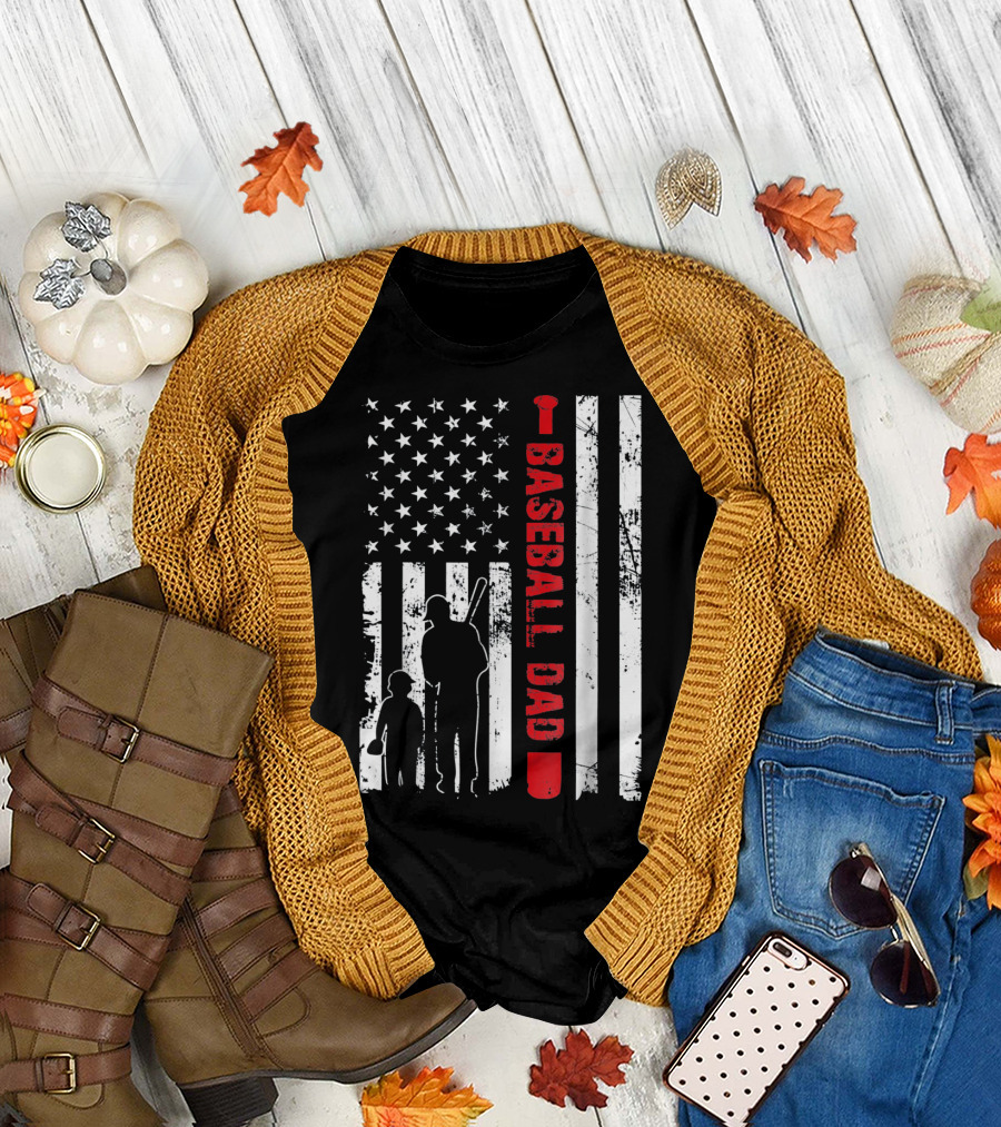 Mens Proud Baseball Dad American Flag Vertical Silhouette and Stars T-Shirt