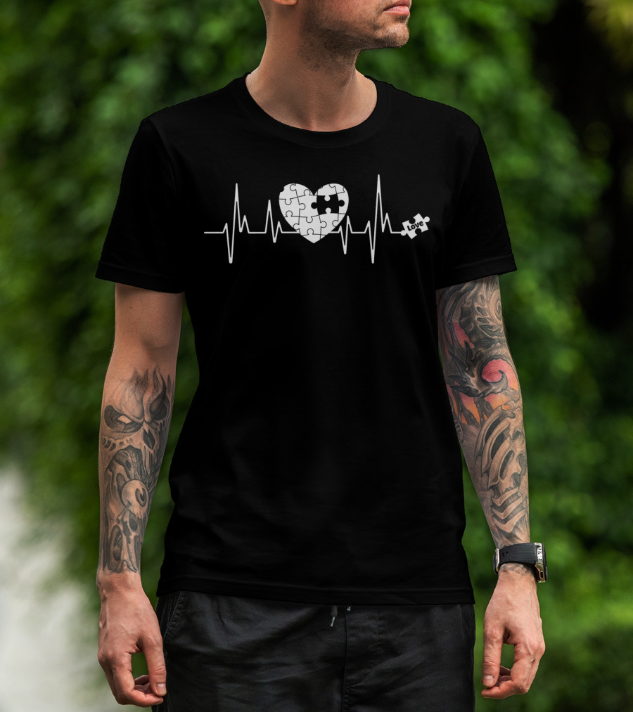 Love Heart Puzzle Autism Awareness Heartbeat T-Shirt
