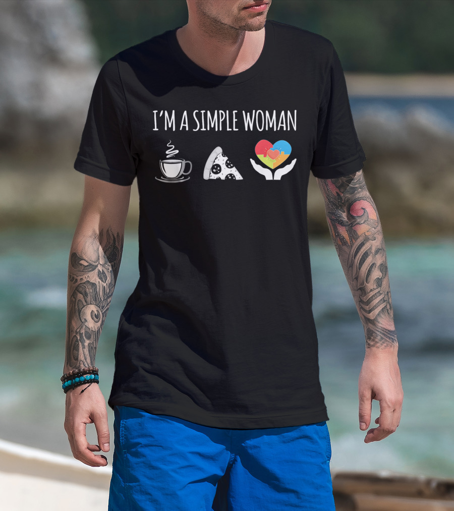 I'm A Simple Woman Coffee Pizza Autism Awareness T-Shirt