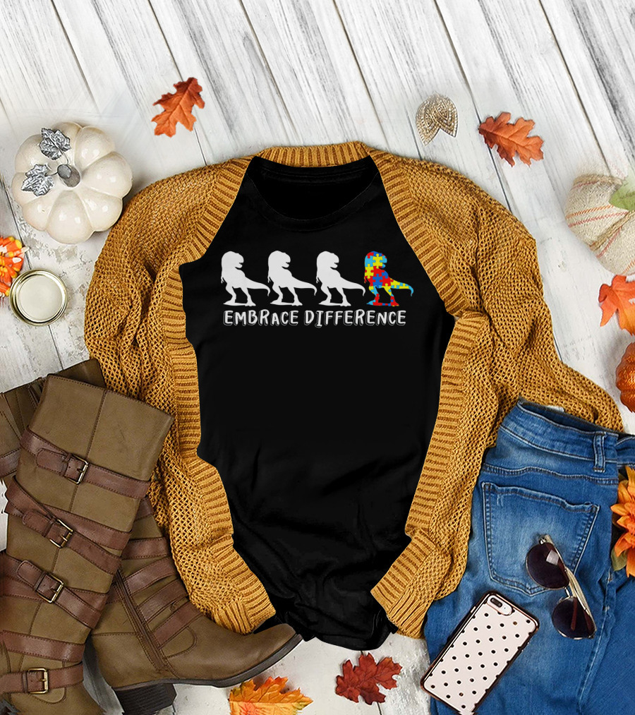 Autism Awareness Dinosaur Embrace Difference Puzzle T-Rex T-Shirt
