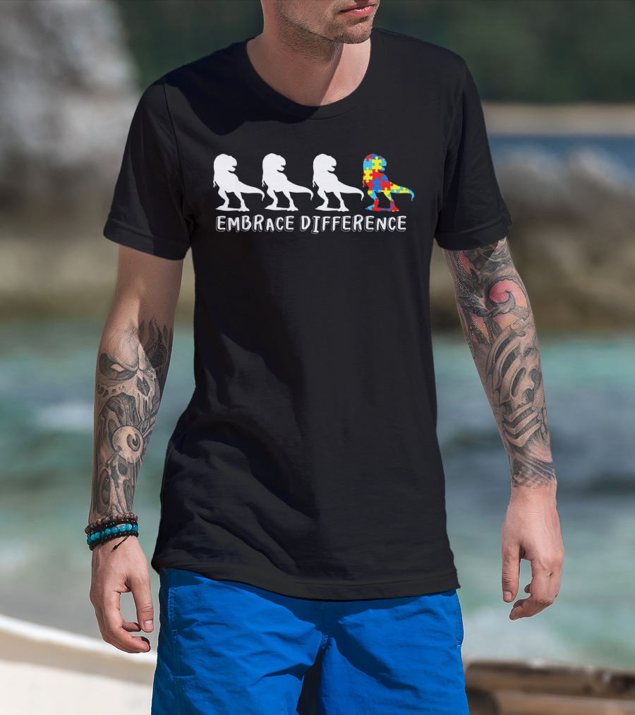 Autism Awareness Dinosaur Embrace Difference Puzzle T-Rex T-Shirt
