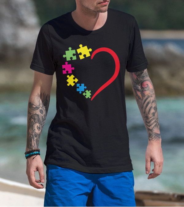 Love Ribbon Heart Puzzle Autism Awareness T-Shirt