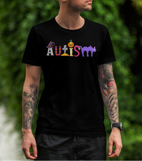 Autism Halloween Witch Hat Pumpkin Grave Cat Awareness T-Shirt